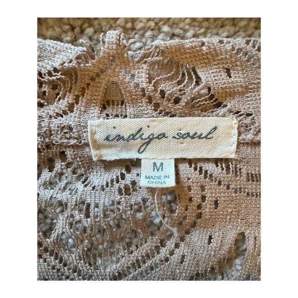 Indigo Soul Lace Cut-Out LS Taupe Women's Top Size M - Picture 3 of 4